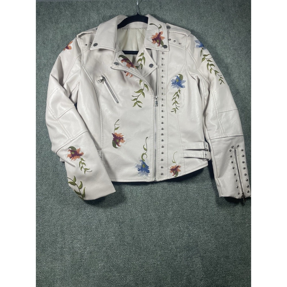 faux leather moto jacket With floral embroidery and silver stud accents S